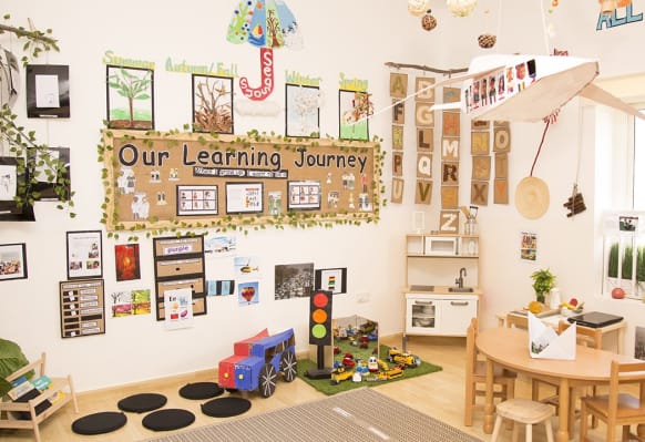 A child's playroom with a lot of toys and decorations.