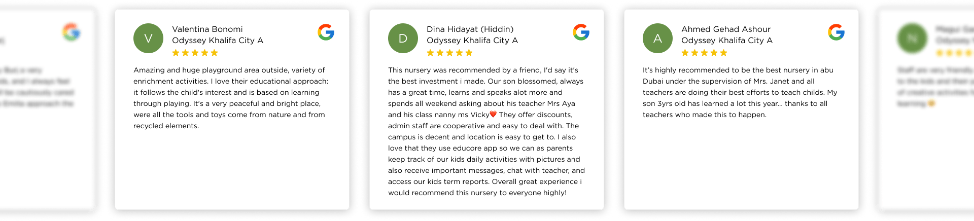 Four different screens showing different types of reviews.