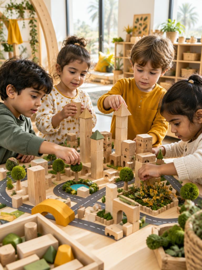 Children building an imaginative miniature city together