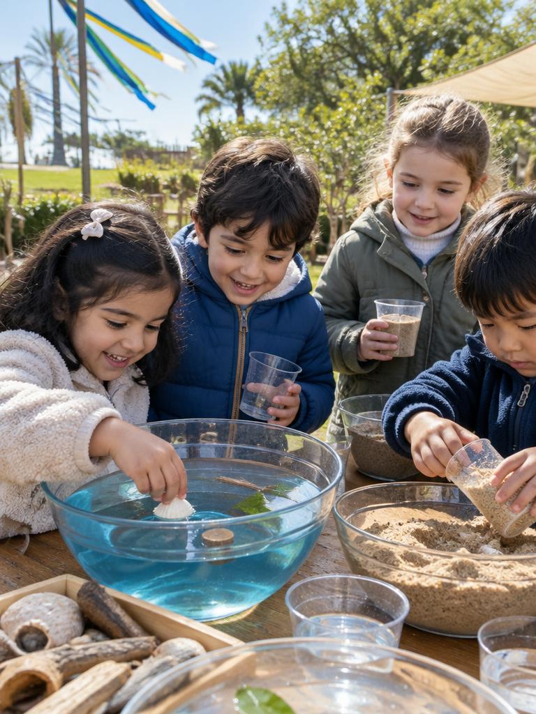 Children experimenting with water and sand outdoors