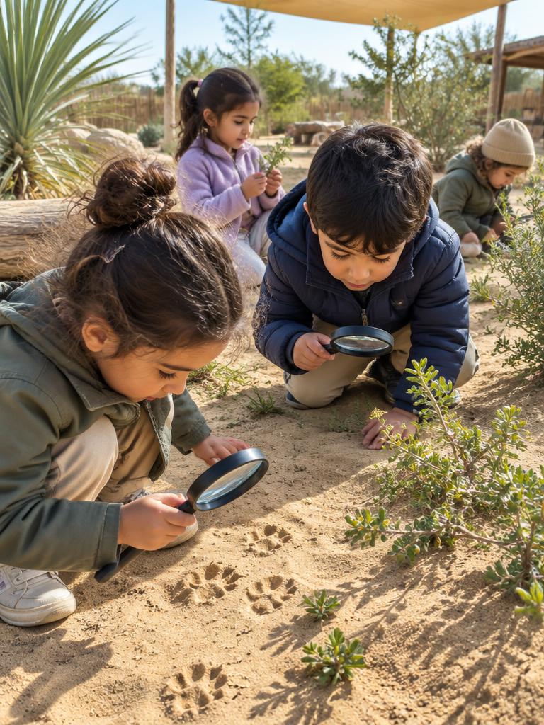 Children exploring plants and tracks in a sandy garden